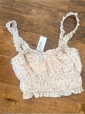 Floral Ruffle Smocked Cropped Tank Top - White with Pink & Yellow Floral